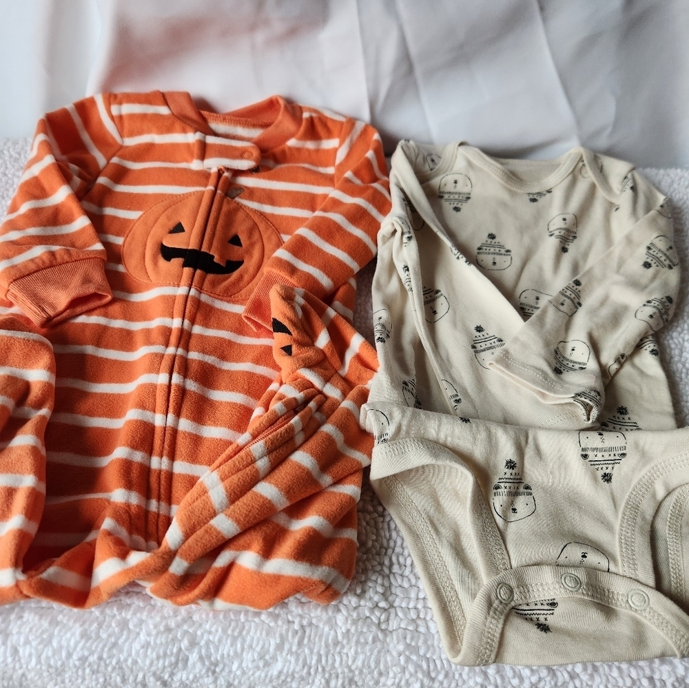 2 Carter's Orange Baby Onesies with Footies